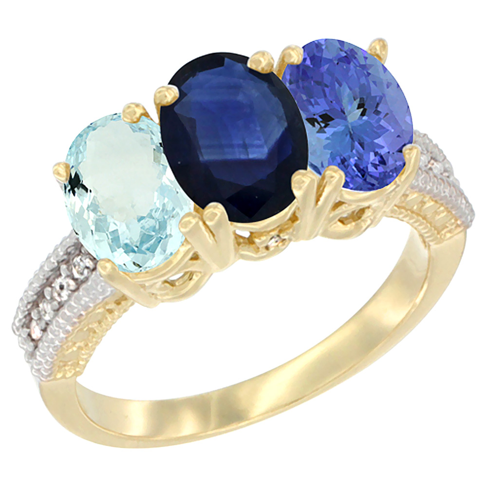 14K Yellow Gold Natural Aquamarine, Blue Sapphire &amp; Tanzanite Ring 3-Stone Oval 7x5 mm Diamond Accent, sizes 5 - 10