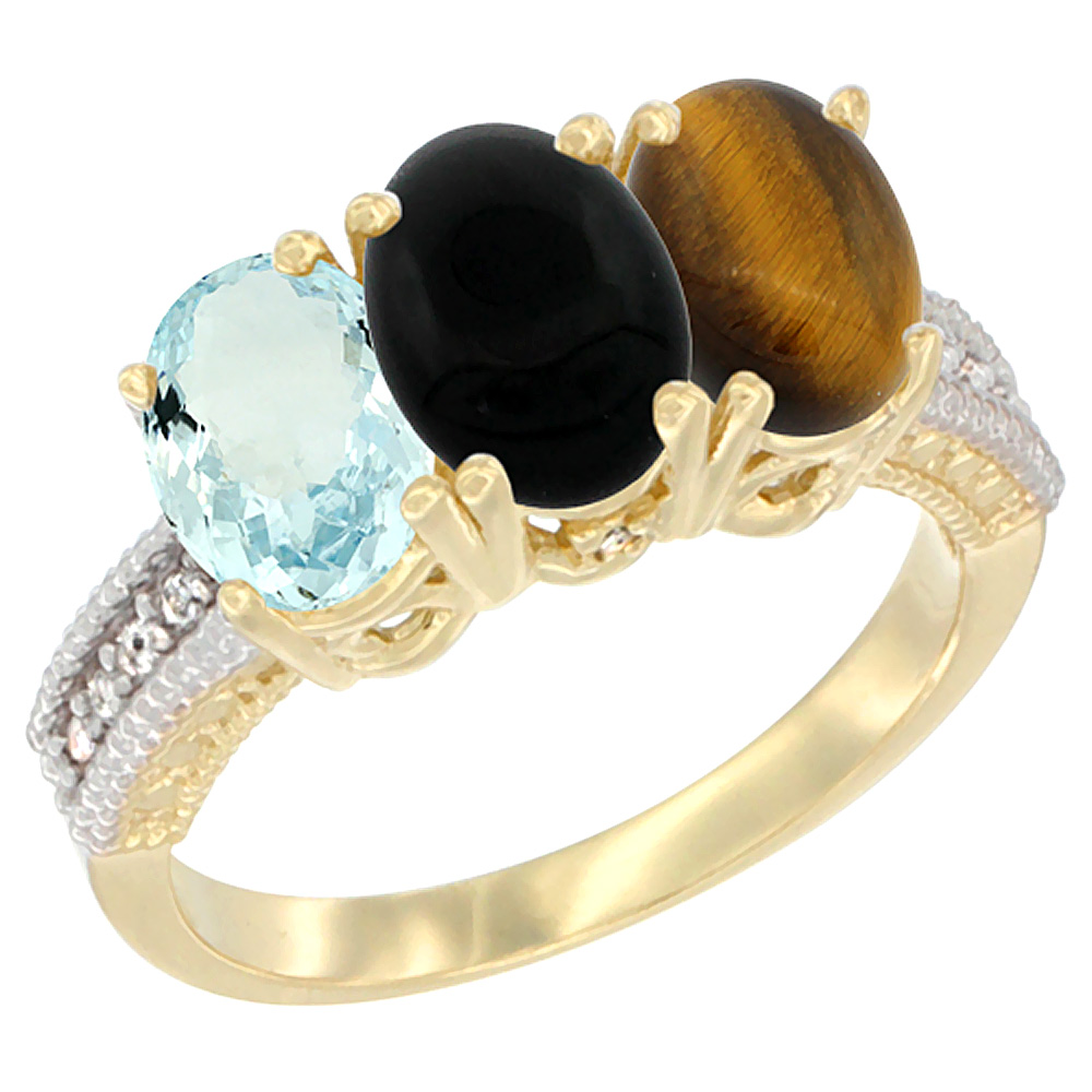 14K Yellow Gold Natural Aquamarine, Black Onyx & Tiger Eye Ring 3-Stone Oval 7x5 mm Diamond Accent, sizes 5 - 10