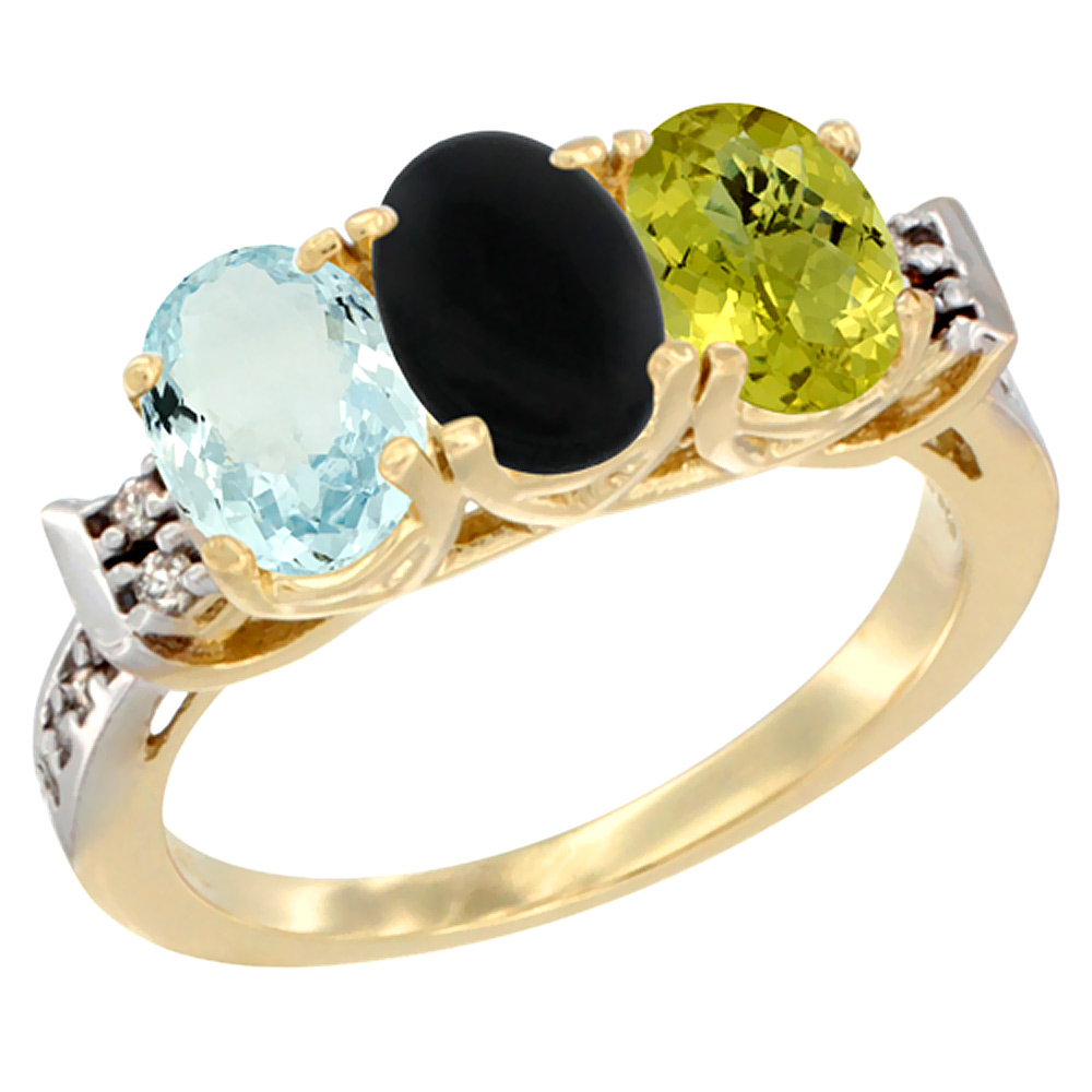 14K Yellow Gold Natural Aquamarine, Black Onyx & Lemon Quartz Ring 3-Stone Oval 7x5 mm Diamond Accent, sizes 5 - 10