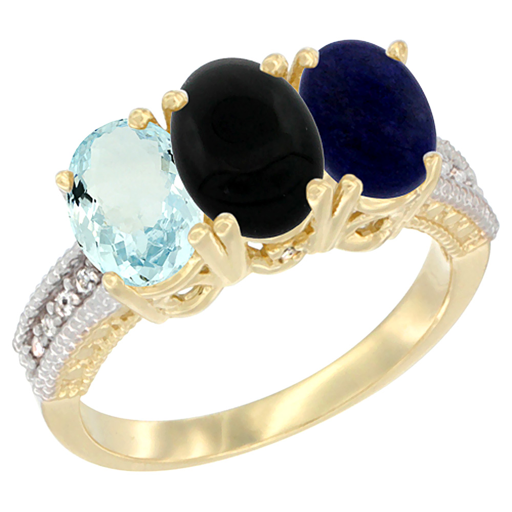 14K Yellow Gold Natural Aquamarine, Black Onyx & Lapis Ring 3-Stone Oval 7x5 mm Diamond Accent, sizes 5 - 10