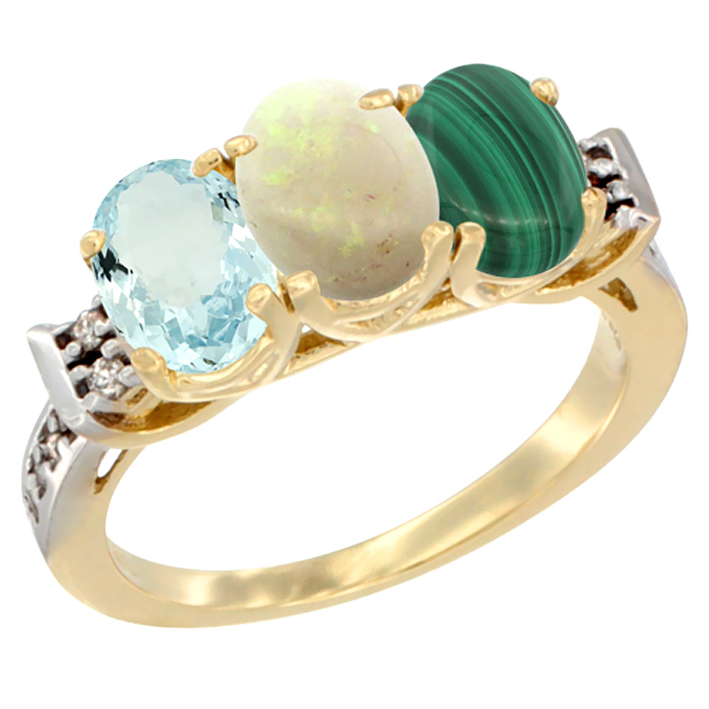 14K Yellow Gold Natural Aquamarine, Opal &amp; Malachite Ring 3-Stone Oval 7x5 mm Diamond Accent, sizes 5 - 10