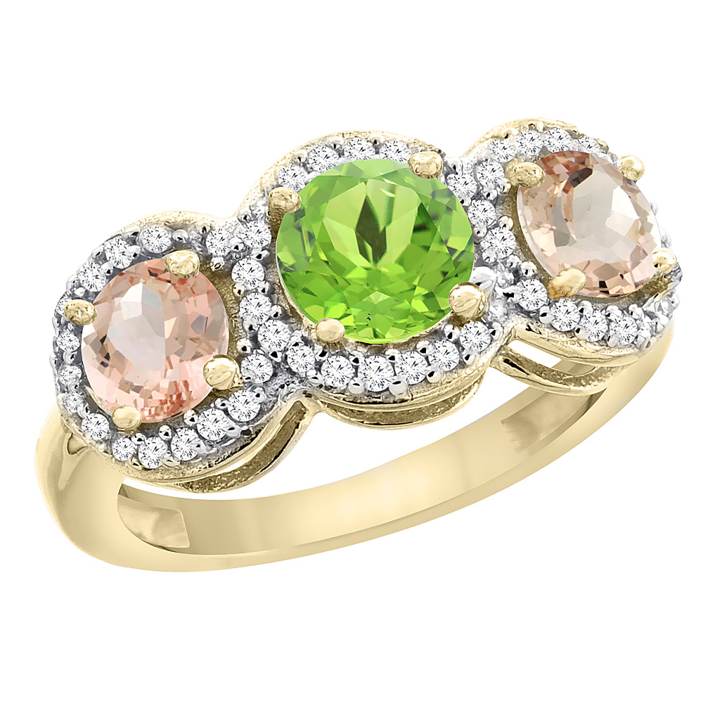 14K Yellow Gold Natural Peridot &amp; Morganite Sides Round 3-stone Ring Diamond Accents, sizes 5 - 10