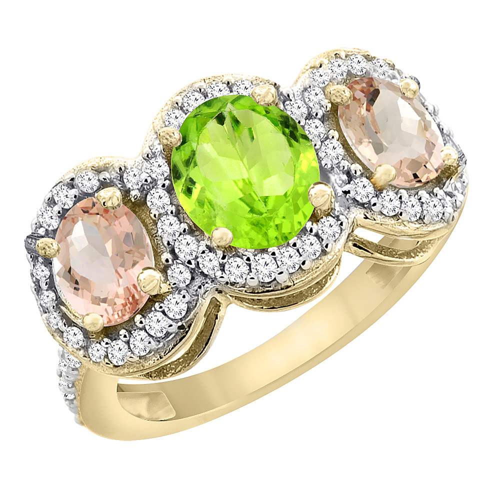 14K Yellow Gold Natural Peridot &amp; Morganite 3-Stone Ring Oval Diamond Accent, sizes 5 - 10