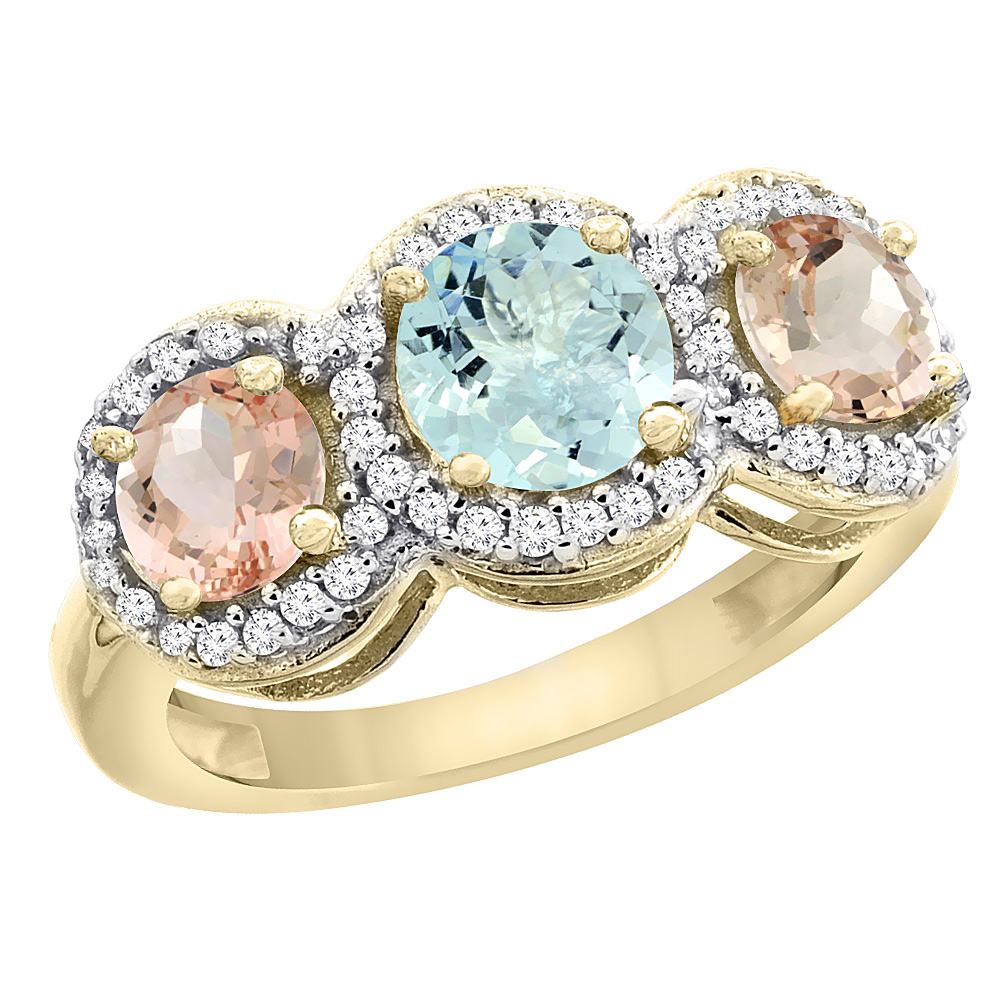 14K Yellow Gold Natural Morganite Round 3-stone Ring Diamond Accents, sizes 5 - 10