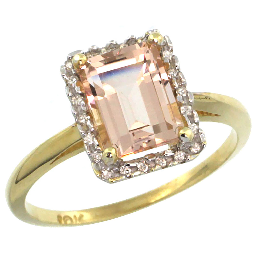 14K Yellow Gold Diamond Natural Morganite Ring Emerald-cut 8x6mm, sizes 5-10