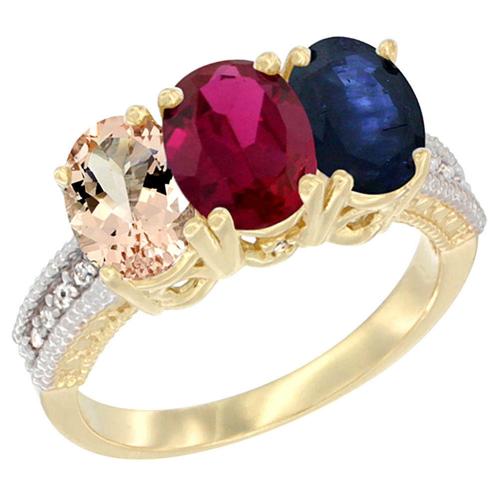 14K Yellow Gold Natural Morganite, Enhanced Ruby & Natural Blue Sapphire Ring 3-Stone Oval 7x5 mm Diamond Accent, sizes 5 - 10