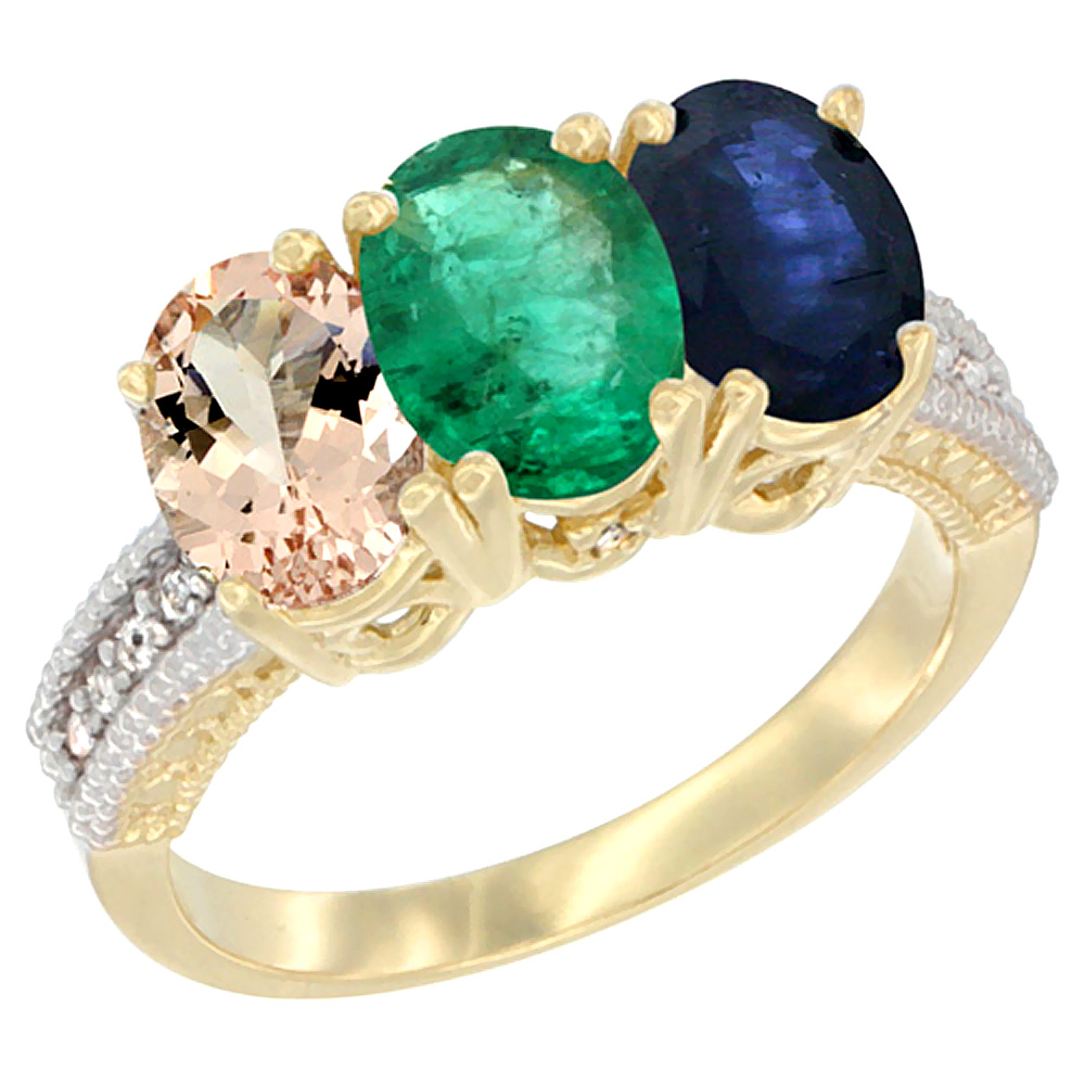 14K Yellow Gold Natural Morganite, Emerald & Blue Sapphire Ring 3-Stone Oval 7x5 mm Diamond Accent, sizes 5 - 10