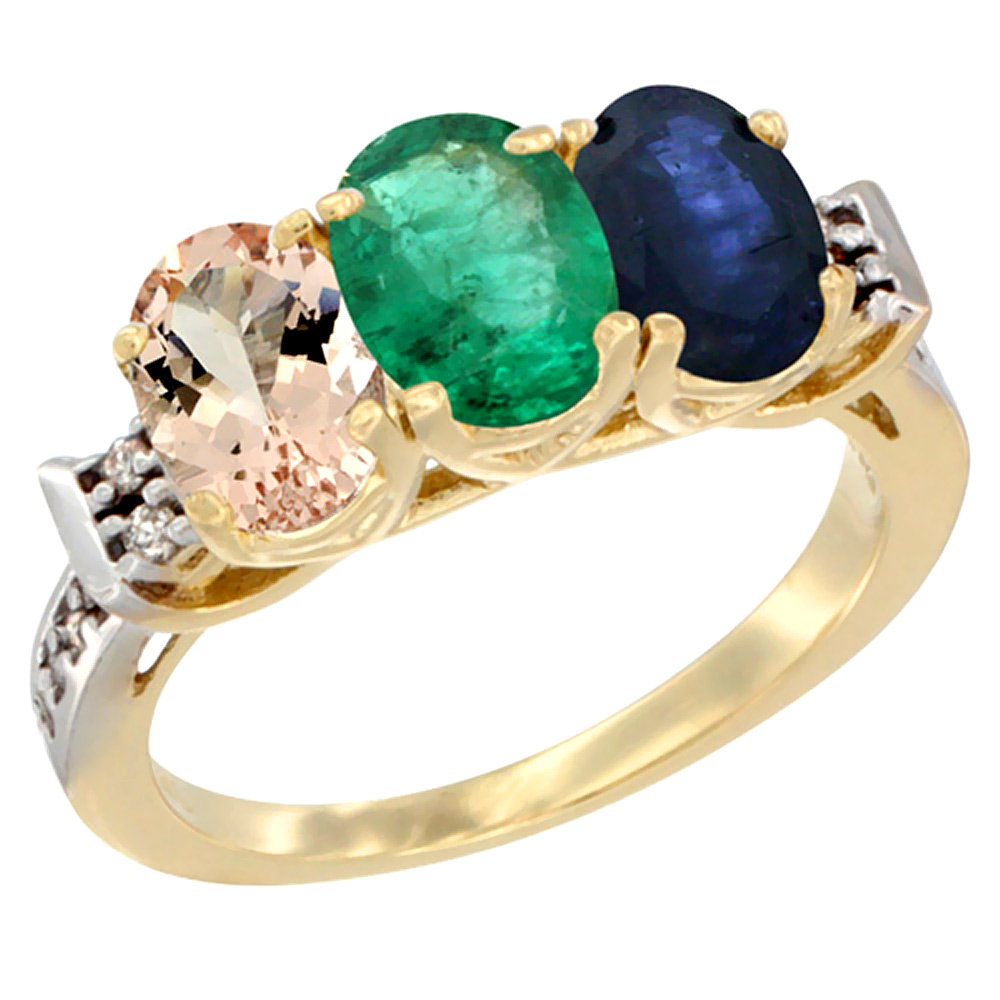 14K Yellow Gold Natural Morganite, Emerald &amp; Blue Sapphire Ring 3-Stone Oval 7x5 mm Diamond Accent, sizes 5 - 10