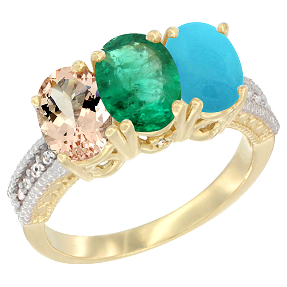 14K Yellow Gold Natural Morganite, Emerald & Turquoise Ring 3-Stone Oval 7x5 mm Diamond Accent, sizes 5 - 10