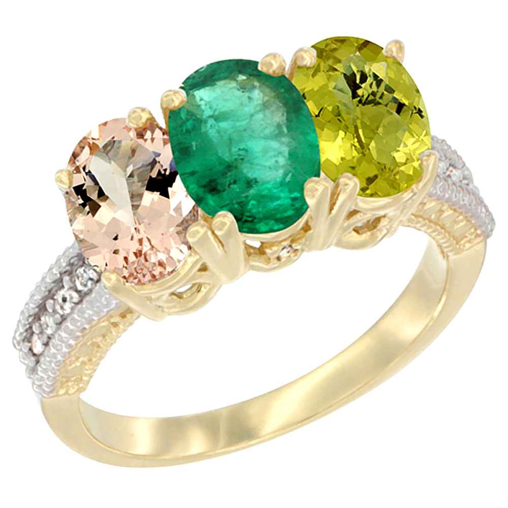 14K Yellow Gold Natural Morganite, Emerald &amp; Lemon Quartz Ring 3-Stone Oval 7x5 mm Diamond Accent, sizes 5 - 10