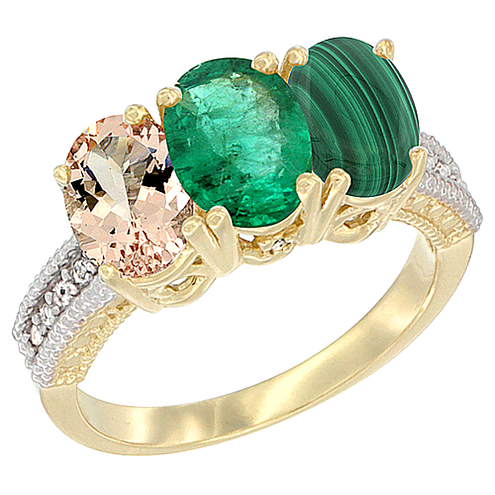 14K Yellow Gold Natural Morganite, Emerald & Malachite Ring 3-Stone Oval 7x5 mm Diamond Accent, sizes 5 - 10