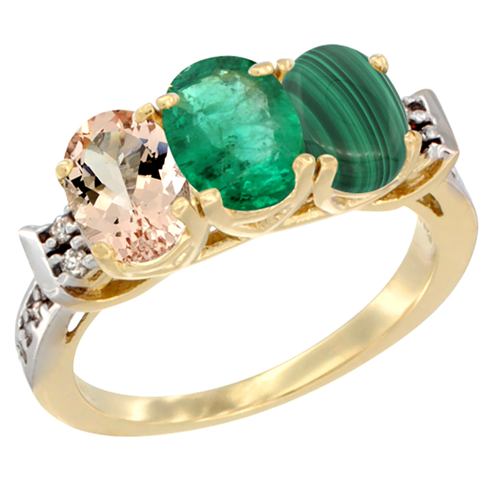 14K Yellow Gold Natural Morganite, Emerald &amp; Malachite Ring 3-Stone Oval 7x5 mm Diamond Accent, sizes 5 - 10