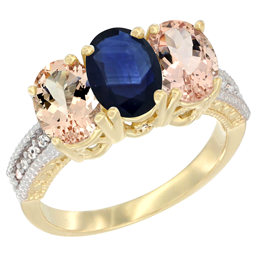 14K Yellow Gold Natural Blue Sapphire & Morganite Sides Ring 3-Stone Oval 7x5 mm Diamond Accent, sizes 5 - 10