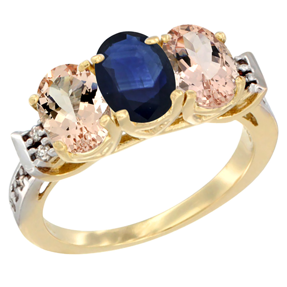 14K Yellow Gold Natural Blue Sapphire &amp; Morganite Sides Ring 3-Stone Oval 7x5 mm Diamond Accent, sizes 5 - 10