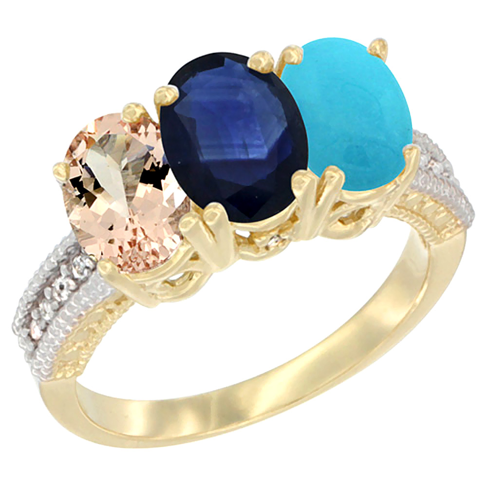 14K Yellow Gold Natural Morganite, Blue Sapphire & Turquoise Ring 3-Stone Oval 7x5 mm Diamond Accent, sizes 5 - 10