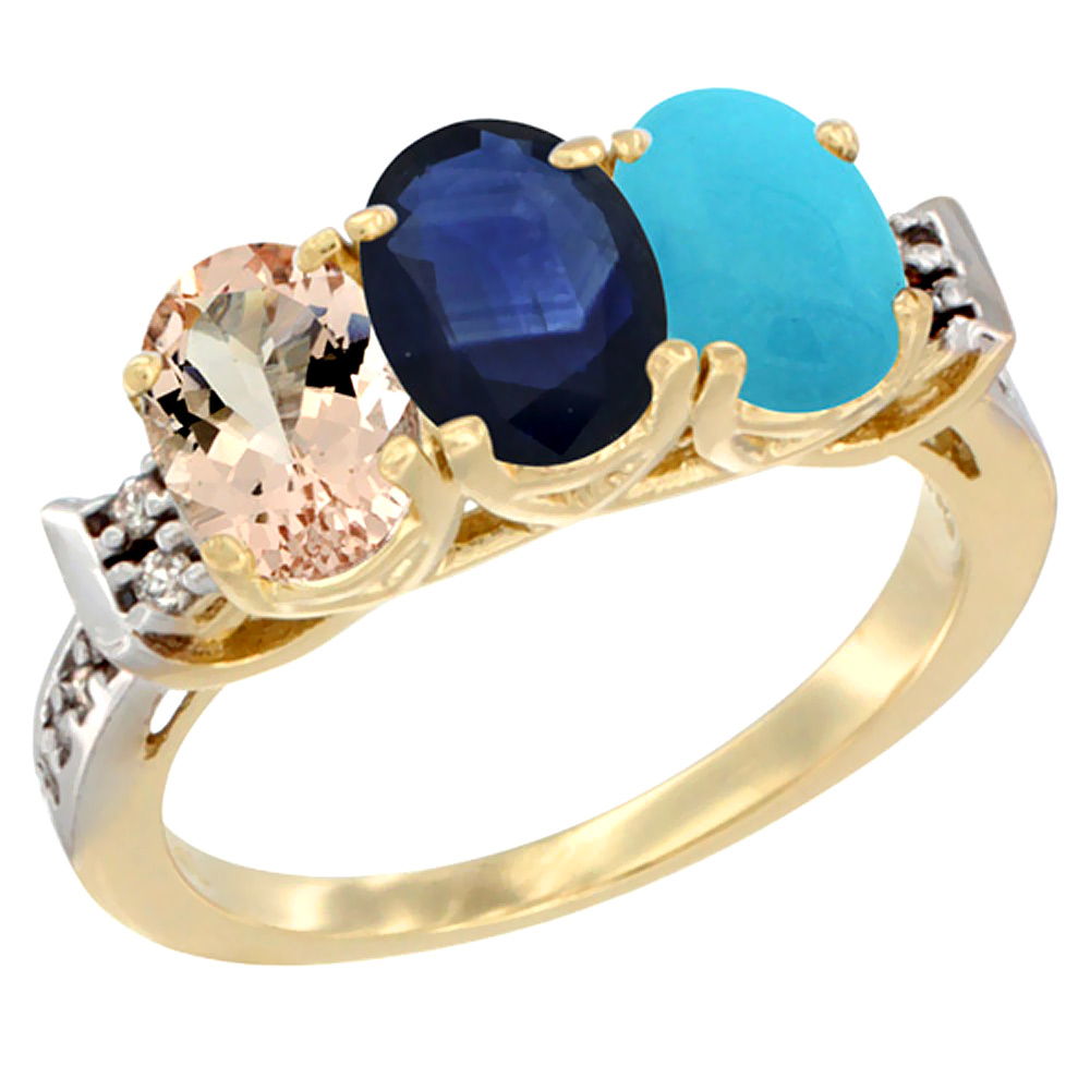 14K Yellow Gold Natural Morganite, Blue Sapphire &amp; Turquoise Ring 3-Stone Oval 7x5 mm Diamond Accent, sizes 5 - 10