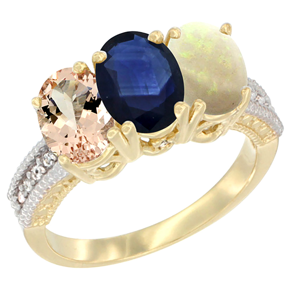 14K Yellow Gold Natural Morganite, Blue Sapphire &amp; Opal Ring 3-Stone Oval 7x5 mm Diamond Accent, sizes 5 - 10