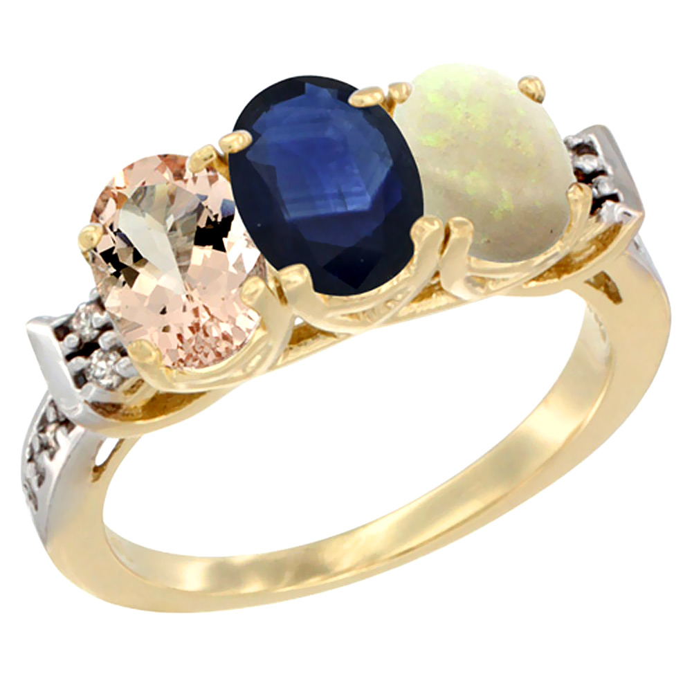 14K Yellow Gold Natural Morganite, Blue Sapphire & Opal Ring 3-Stone Oval 7x5 mm Diamond Accent, sizes 5 - 10