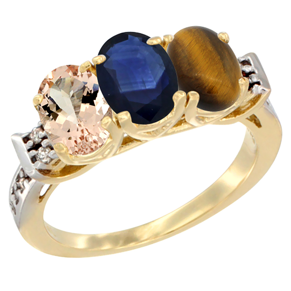 14K Yellow Gold Natural Morganite, Blue Sapphire &amp; Tiger Eye Ring 3-Stone Oval 7x5 mm Diamond Accent, sizes 5 - 10