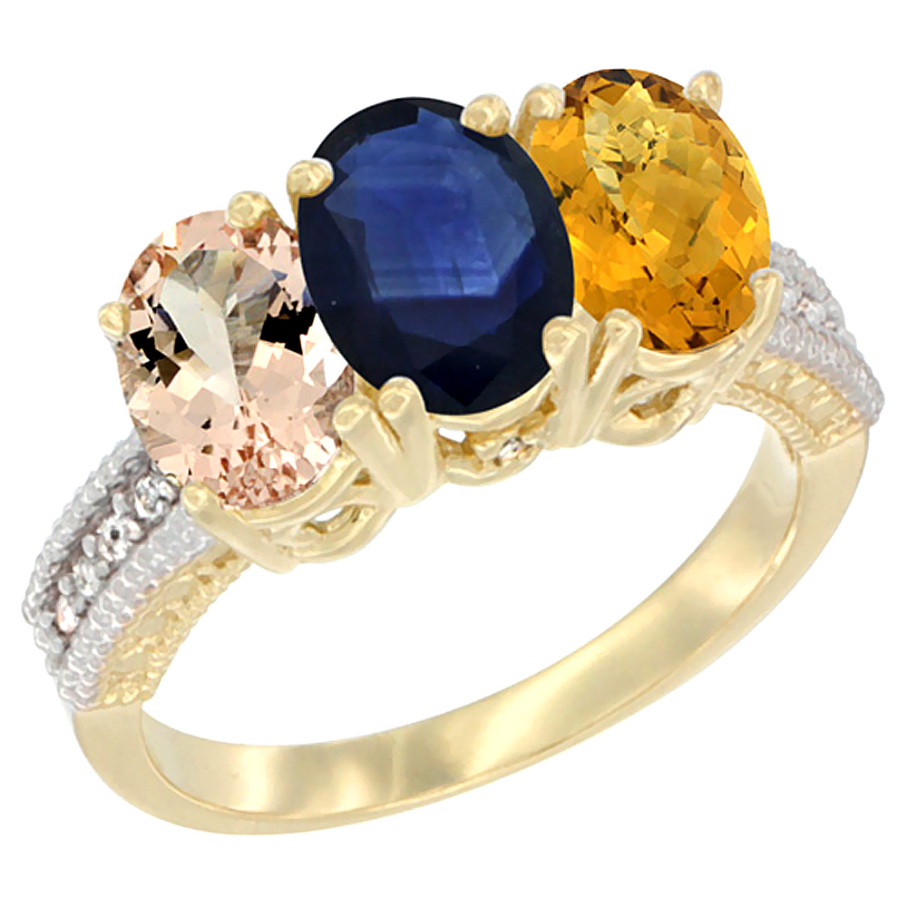 14K Yellow Gold Natural Morganite, Blue Sapphire &amp; Whisky Quartz Ring 3-Stone Oval 7x5 mm Diamond Accent, sizes 5 - 10