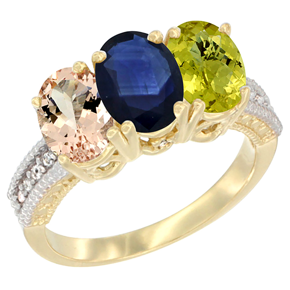 14K Yellow Gold Natural Morganite, Blue Sapphire &amp; Lemon Quartz Ring 3-Stone Oval 7x5 mm Diamond Accent, sizes 5 - 10