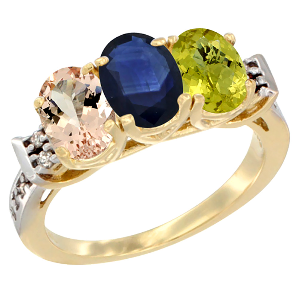 14K Yellow Gold Natural Morganite, Blue Sapphire & Lemon Quartz Ring 3-Stone Oval 7x5 mm Diamond Accent, sizes 5 - 10