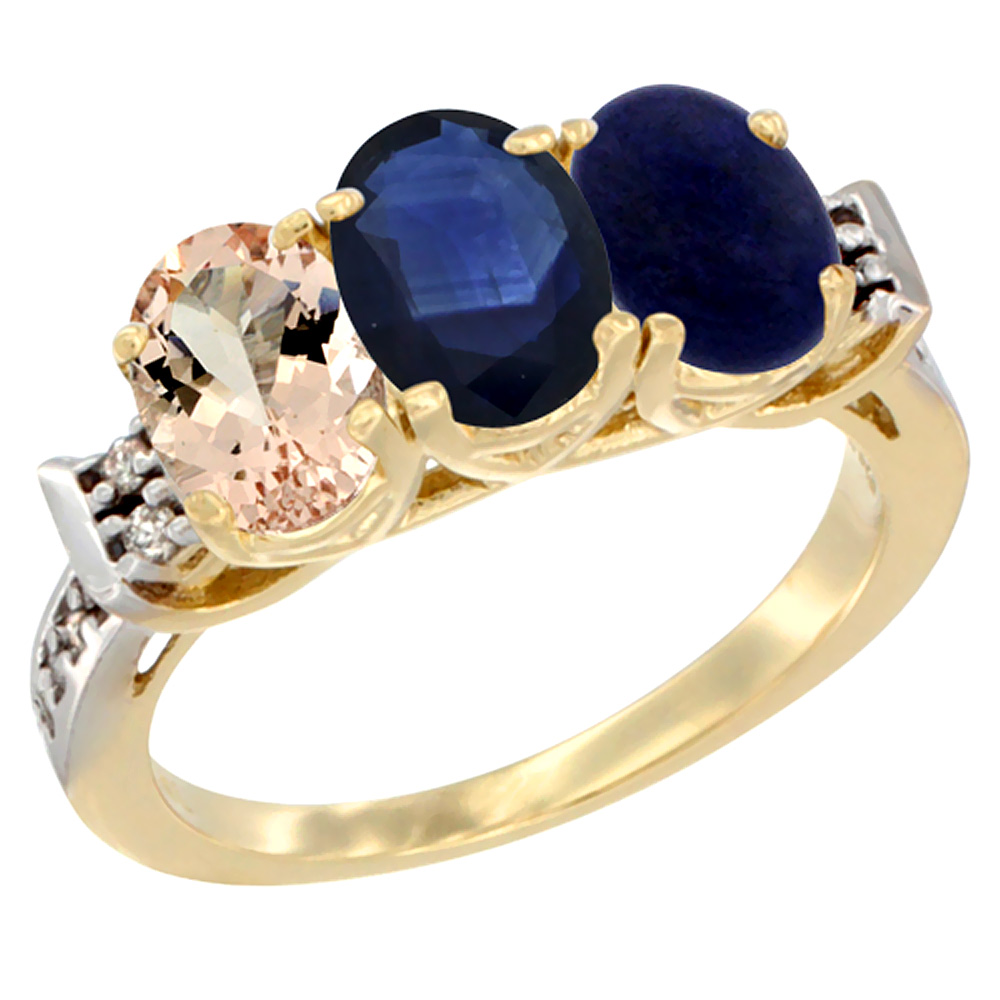 14K Yellow Gold Natural Morganite, Blue Sapphire &amp; Lapis Ring 3-Stone Oval 7x5 mm Diamond Accent, sizes 5 - 10