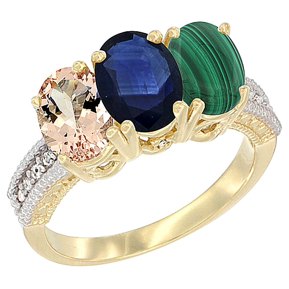 14K Yellow Gold Natural Morganite, Blue Sapphire &amp; Malachite Ring 3-Stone Oval 7x5 mm Diamond Accent, sizes 5 - 10