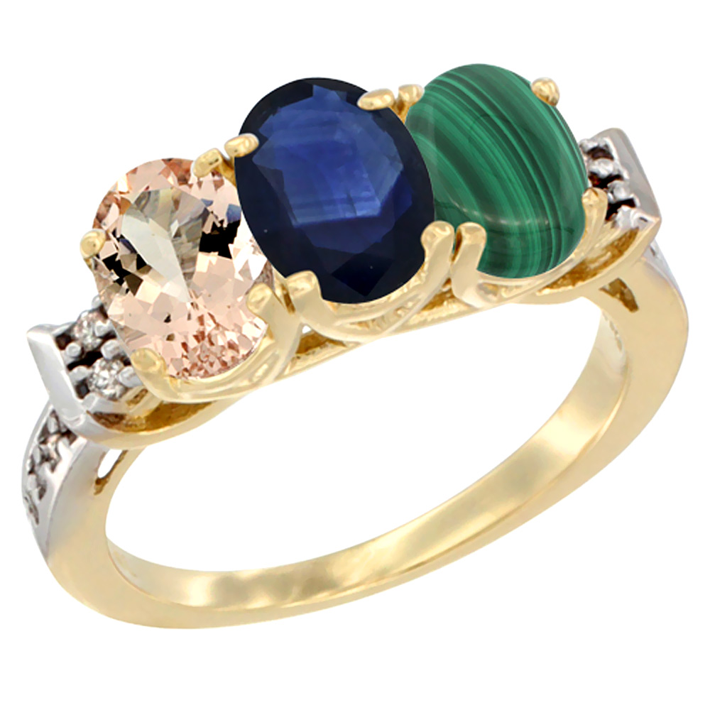 14K Yellow Gold Natural Morganite, Blue Sapphire &amp; Malachite Ring 3-Stone Oval 7x5 mm Diamond Accent, sizes 5 - 10