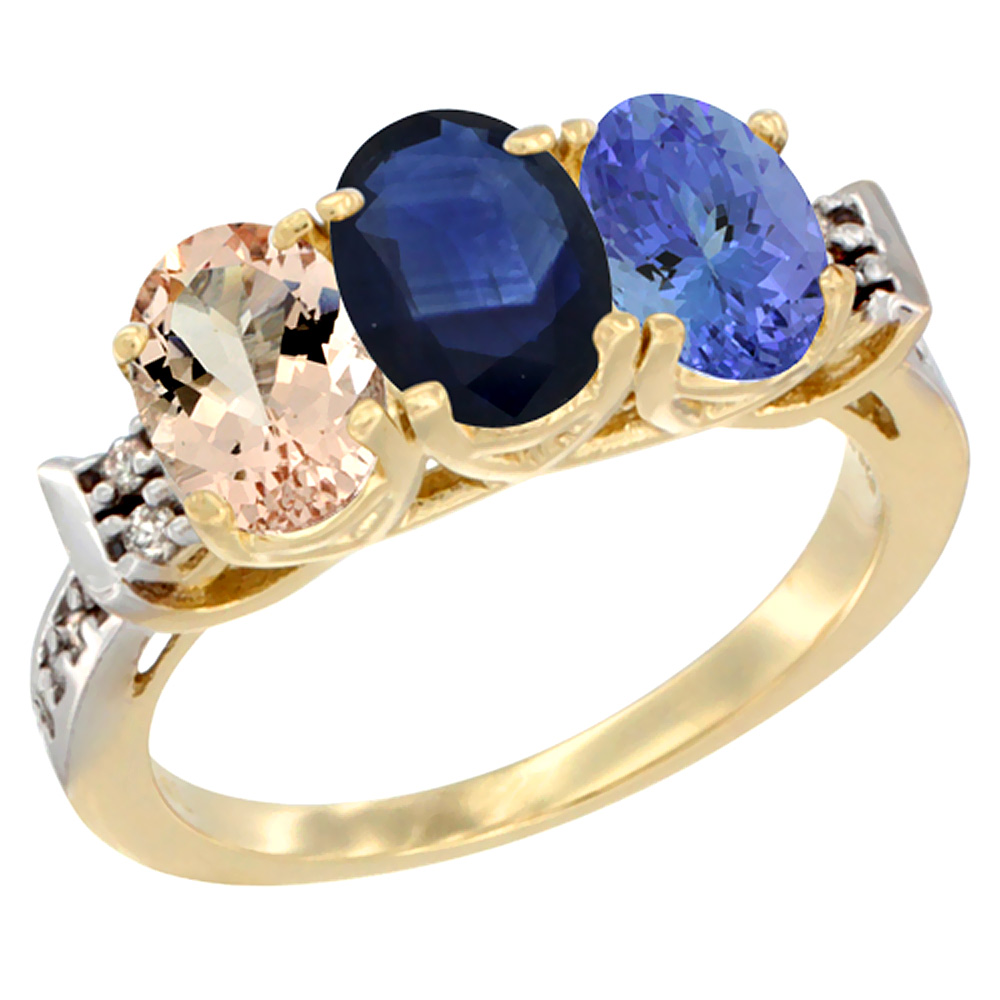 14K Yellow Gold Natural Morganite, Blue Sapphire & Tanzanite Ring 3-Stone Oval 7x5 mm Diamond Accent, sizes 5 - 10