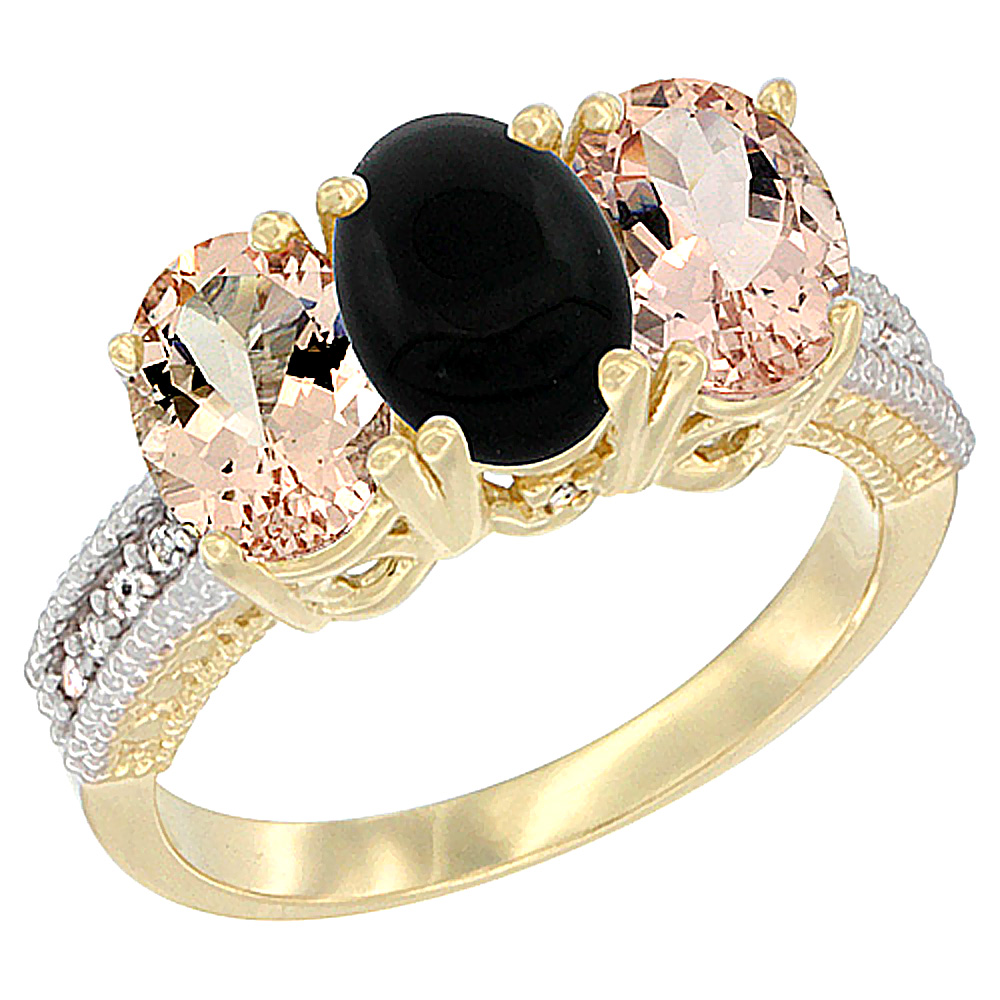 14K Yellow Gold Natural Black Onyx & Morganite Sides Ring 3-Stone Oval 7x5 mm Diamond Accent, sizes 5 - 10