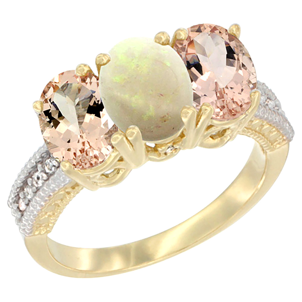 14K Yellow Gold Natural Opal & Morganite Sides Ring 3-Stone Oval 7x5 mm Diamond Accent, sizes 5 - 10