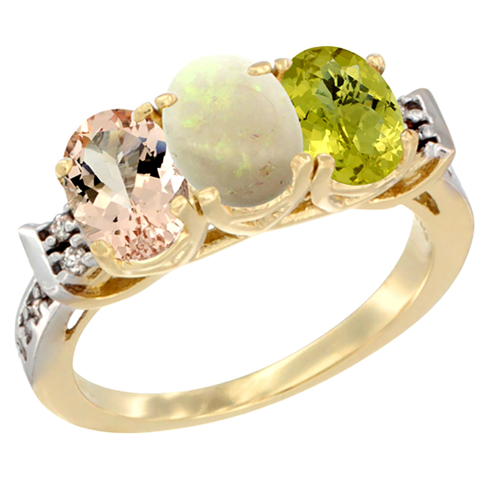 14K Yellow Gold Natural Morganite, Opal &amp; Lemon Quartz Ring 3-Stone Oval 7x5 mm Diamond Accent, sizes 5 - 10