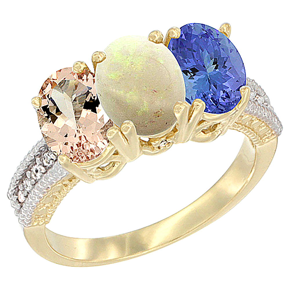 14K Yellow Gold Natural Morganite, Opal &amp; Tanzanite Ring 3-Stone Oval 7x5 mm Diamond Accent, sizes 5 - 10