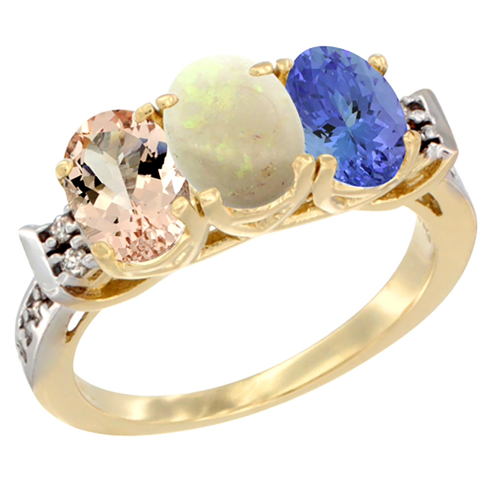 14K Yellow Gold Natural Morganite, Opal & Tanzanite Ring 3-Stone Oval 7x5 mm Diamond Accent, sizes 5 - 10