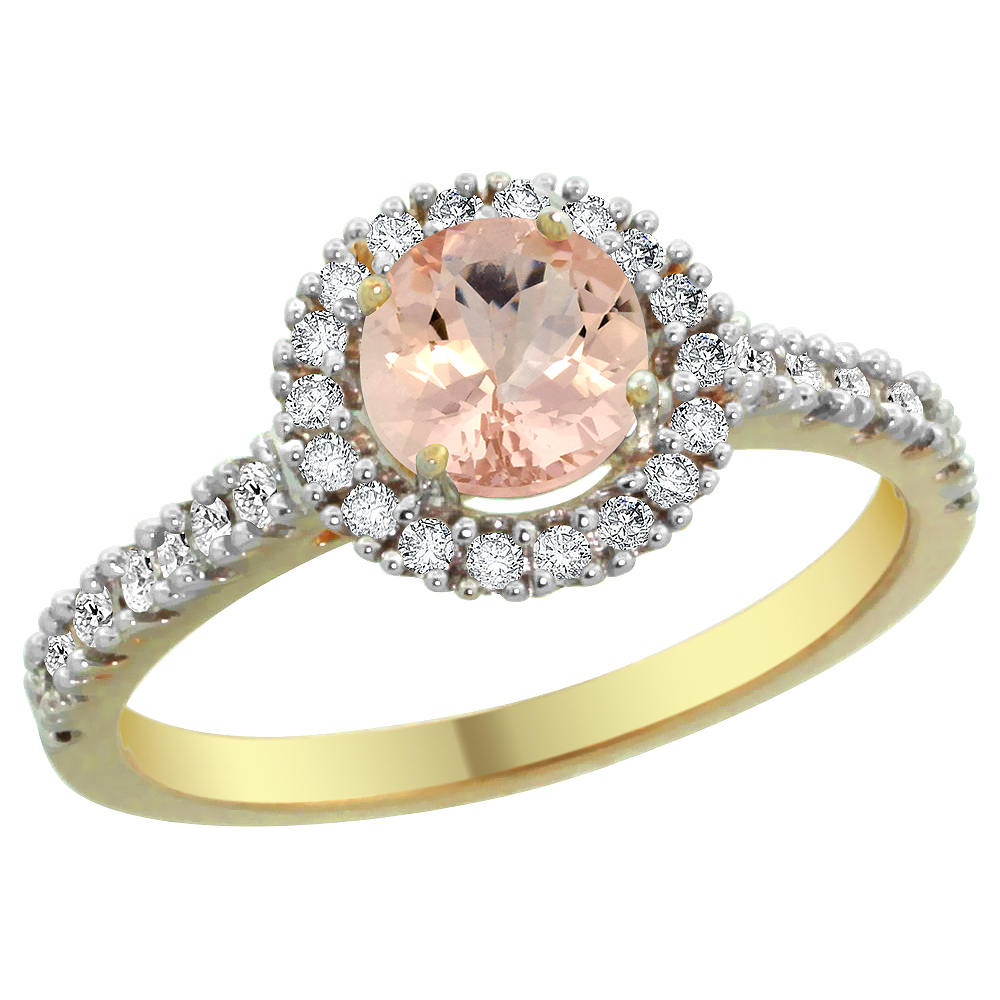 14K Yellow Gold Diamond Halo Natural Morganite Ring Round 6mm, sizes 5 - 10