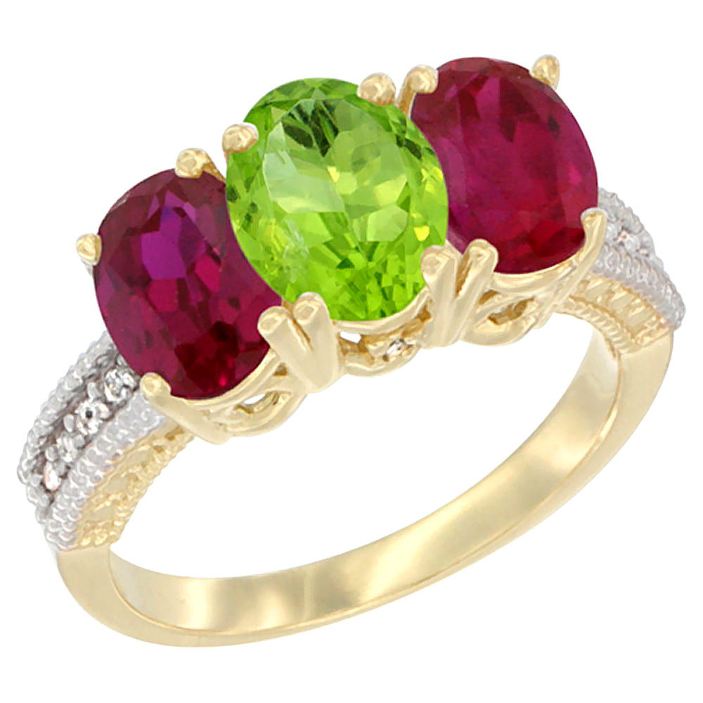 14K Yellow Gold Natural Peridot & Enhanced Ruby Sides Ring 3-Stone Oval 7x5 mm Diamond Accent, sizes 5 - 10