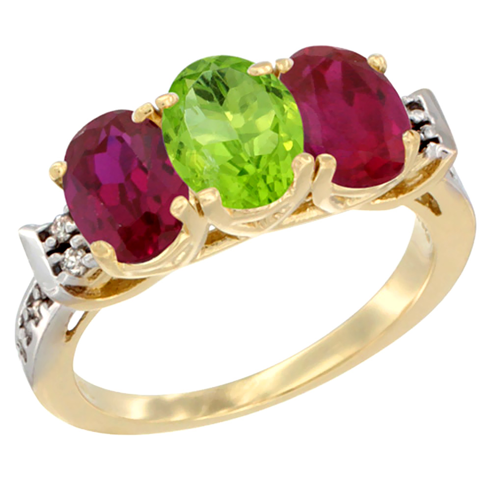 14K Yellow Gold Natural Peridot &amp; Enhanced Ruby Sides Ring 3-Stone Oval 7x5 mm Diamond Accent, sizes 5 - 10