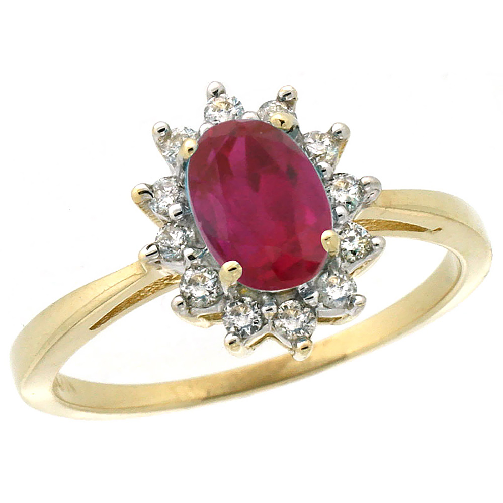 10k Yellow Gold Diamond Halo Natural Quality Ruby Engagement Ring Oval 7x5mm, size 5-10