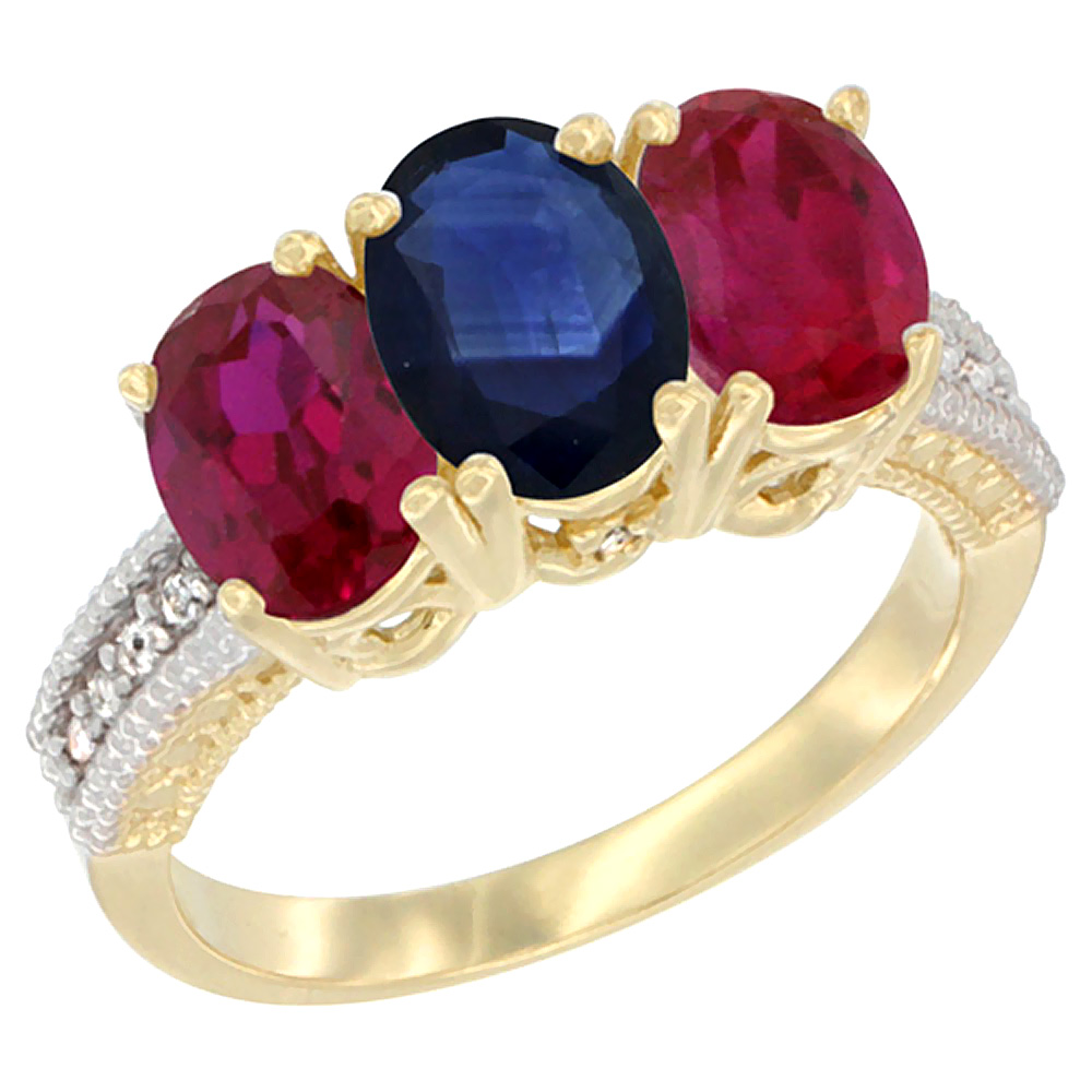 14K Yellow Gold Natural Blue Sapphire &amp; Enhanced Ruby Sides Ring 3-Stone Oval 7x5 mm Diamond Accent, sizes 5 - 10