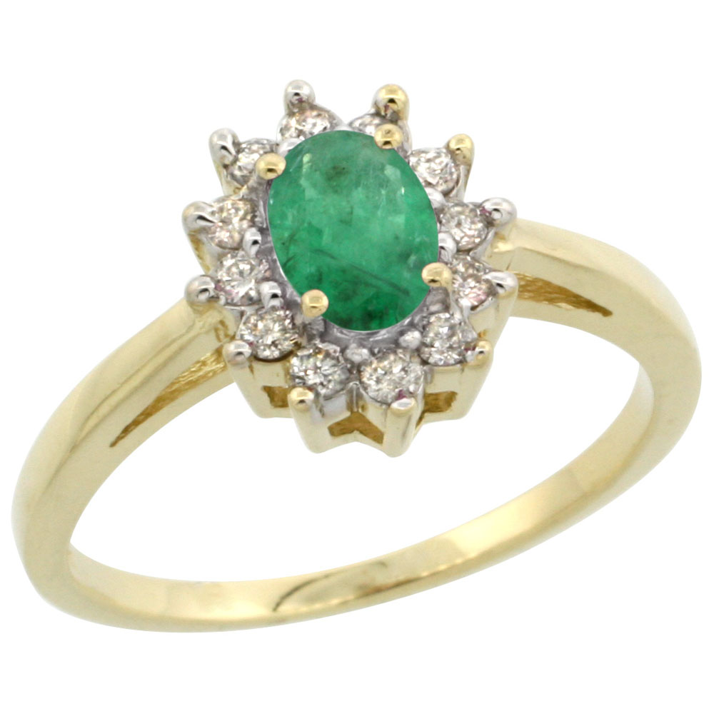 14K Yellow Gold Diamond Halo Natural Quality Emerald Engagement Ring Oval 6x4 mm, size 5 10