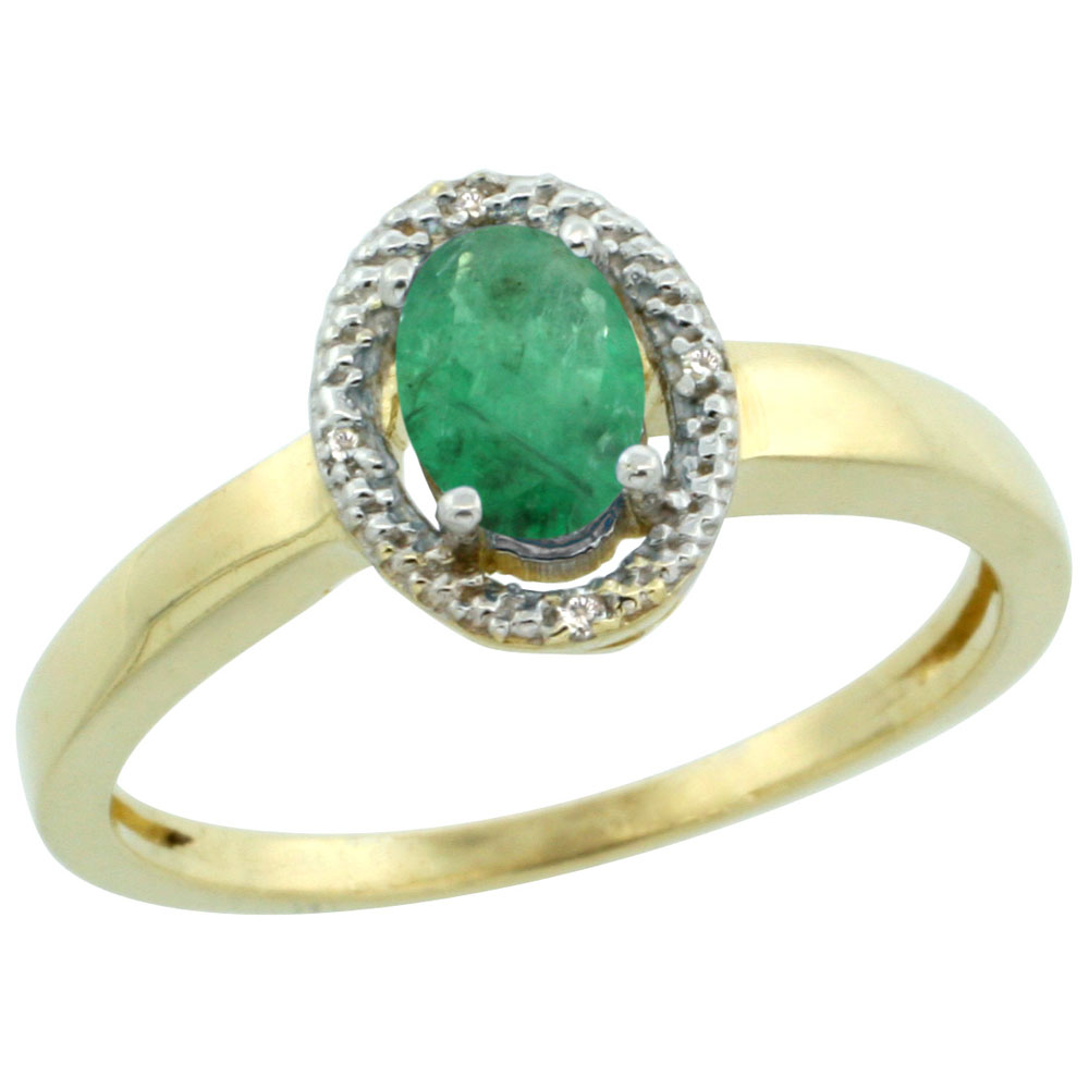 14K Yellow Gold Diamond Halo Natural High Quality Emerald Engagement Ring Oval 6X4 mm, sizes 5-10