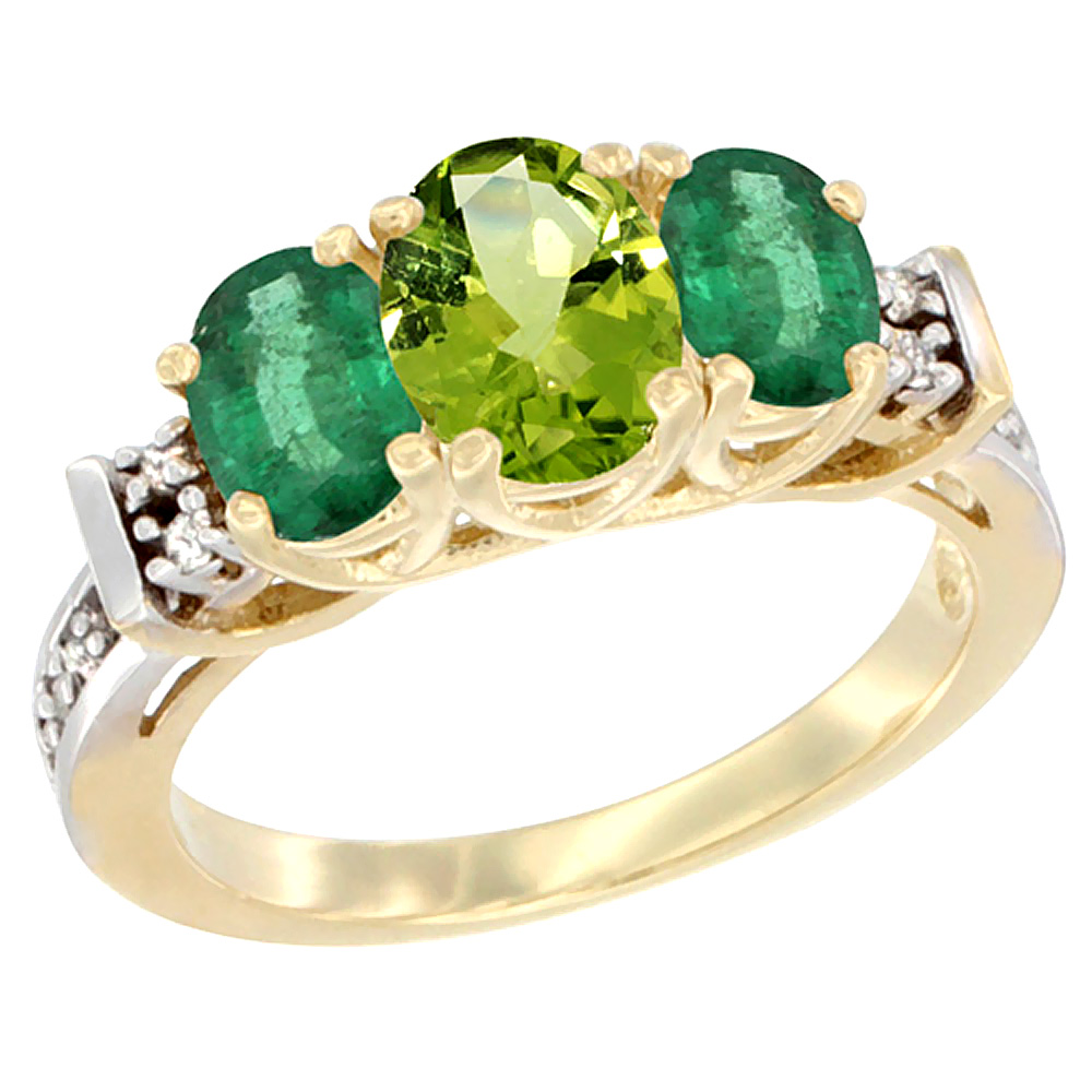 14K Yellow Gold Natural Peridot &amp; Emerald Ring 3-Stone Oval Diamond Accent