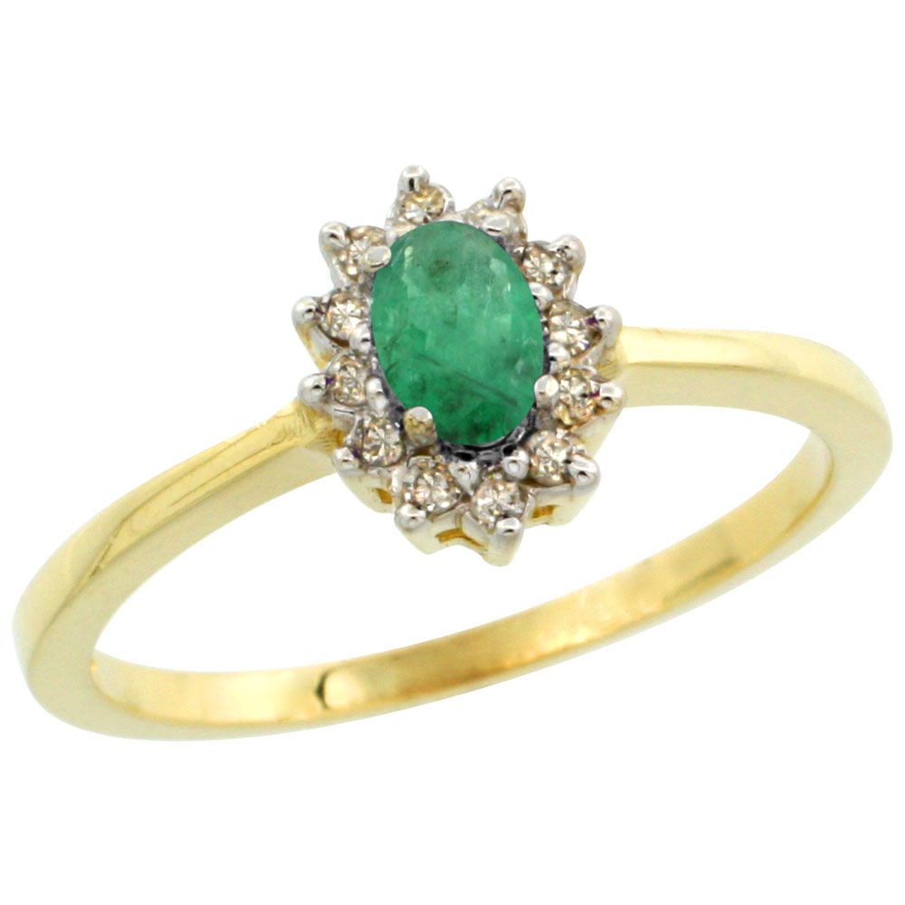 14K Yellow Gold Diamond Halo Natural Quality Emerald Engagement Ring Oval 5x3mm, size 5-10