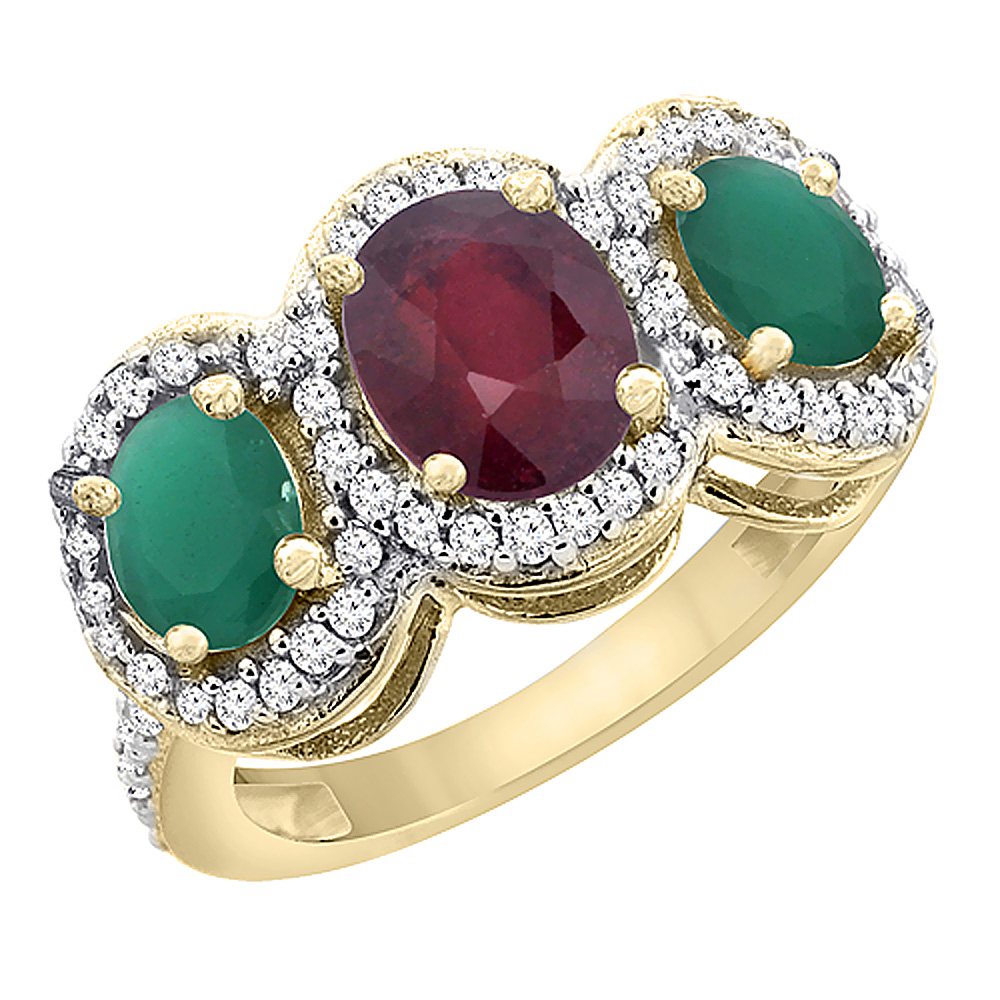 10K Yellow Gold Natural Quality Ruby &amp; Emerald 3-stone Mothers Ring Oval Diamond Accent, size 5 - 10