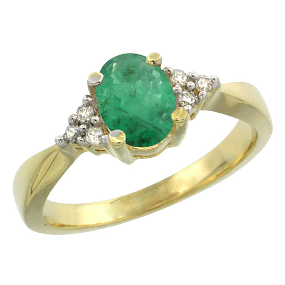 10K Yellow Gold Diamond Natural Quality Emerald Engagement Ring Oval 7x5mm, size 5-10