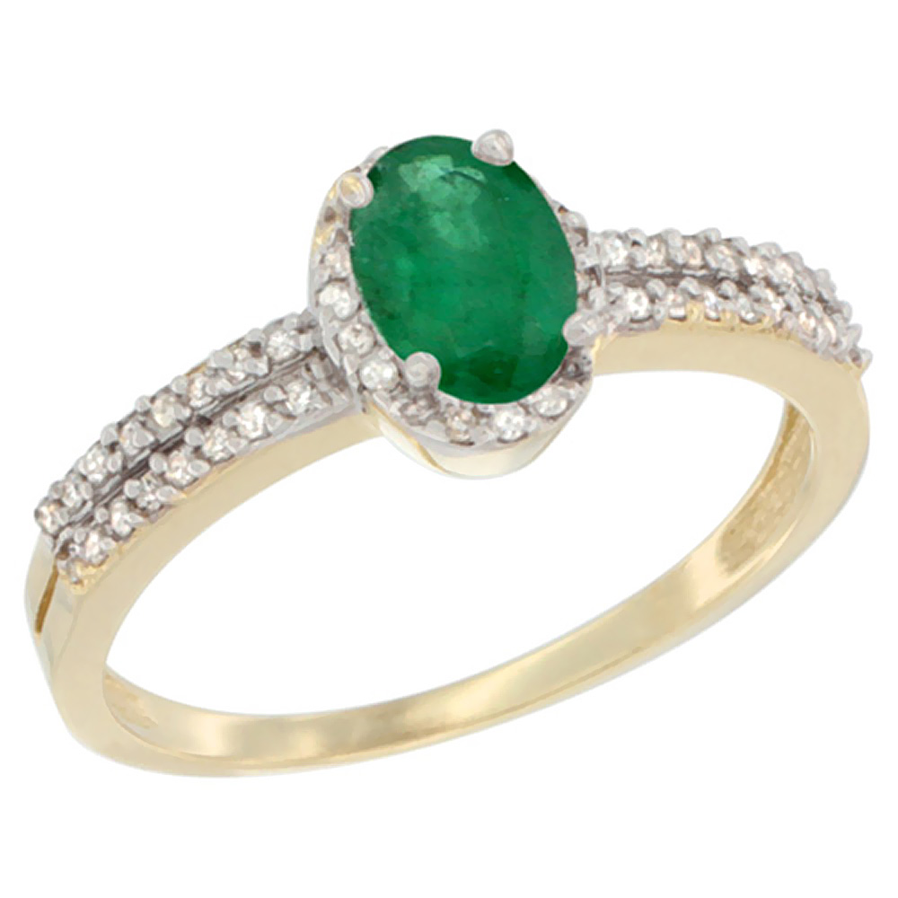 10K Yellow Gold Natural Cabochon Emerald Ring Oval 6x4mm Diamond Accent, sizes 5-10