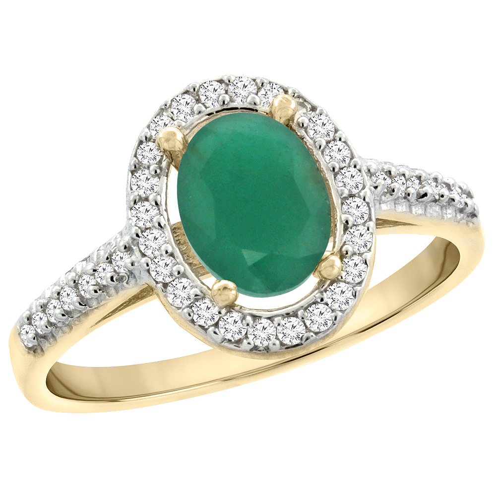 10K Yellow Gold Natural Emerald Engagement Ring Oval 7x5 mm Diamond Halo, sizes 5 - 10