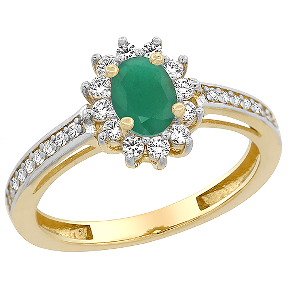14K Yellow Gold Natural Cabochon Emerald Flower Halo Ring Oval 6x4mm Diamond Accents, sizes 5 - 10