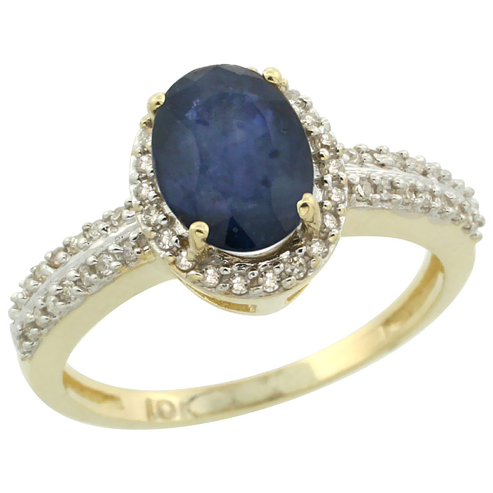 10k Yellow Gold Natural Blue Sapphire Ring Oval 8x6mm Diamond Halo, sizes 5-10